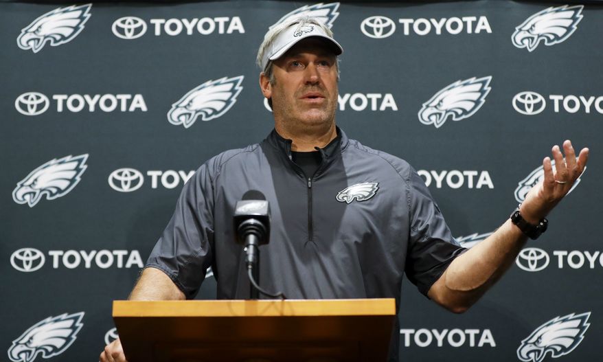 Philadelphia Eagles head coach Doug Pederson speaks to the media before practice at the NFL football team's facility, Wednesday, June 6, 2018, in Philadelphia. (AP Photo/Matt Slocum)