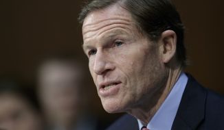 In this April 3, 2017, file photo, Sen. Richard Blumenthal, D-Conn. speaks on Capitol Hill in Washington. Lawyers representing nearly 200 Democrats in Congress plan to argue in federal court Thursday that President Donald Trump is violating the Constitution by accepting foreign government favors such as Chinese trademarks without first seeking congressional approval. (AP Photo/J. Scott Applewhite, File)