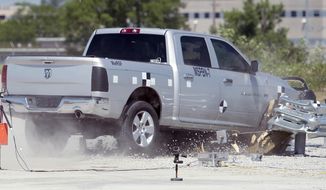 In this June 5, 2018 photo, a Dodge pickup traveling at more than 60 mph decelerates as a median barrier absorbs the energy during a crash test at UNL&#39;s Midwest Roadside Safety Facility in Lincoln, Neb. A University of Nebraska-Lincoln engineering team is testing an improved highway safety device to ensure it meets new safety standards the university experts helped write. (Eric Gregory/Lincoln Journal Star via AP)