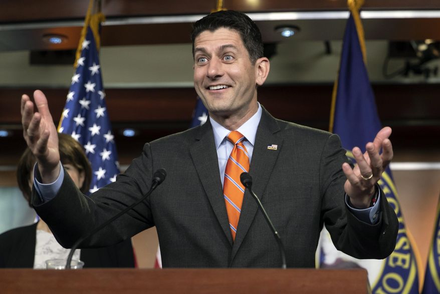 In this May 16, 2018, file photo, Speaker of the House Paul Ryan, R-Wis., has a light-hearted exchange with reporters at the start of a news conference on Capitol Hill in Washington. House GOP factions will meet with Ryan to try to resolve a looming immigration showdown. Ryan wants to halt legislation from centrists, and popular with Democrats, to provide young immigrants here illegally a path to legal status. (AP Photo/J. Scott Applewhite, File)