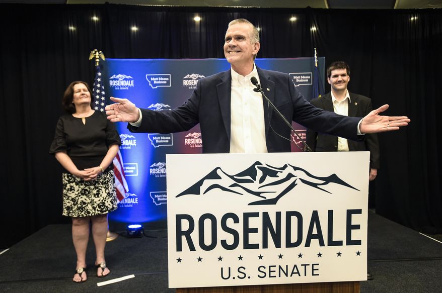 In this June 5, 2018 photo, Matt Rosendale addresses supporters in Helena, Mont., after winning the Republican nomination for the U.S. Senate. Rosendale will challenge Democratic incumbent Jon Tester in November. (Thom Bridge/Independent Record via AP)