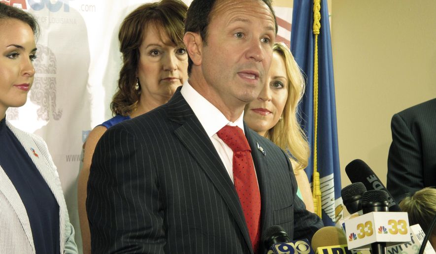 FILE - In this July 28, 2015, file photo, Jeff Landry speaks in Baton Rouge, La. Documents obtained by The Associated Press through open-records requests show Louisiana has spent more than a million dollars to defend its abortion restrictions against a series of lawsuits since 2014. State officials say they'll keep spending to defend their laws. Landry is the state Attorney General. (AP Photo/Melinda Deslatte, File)