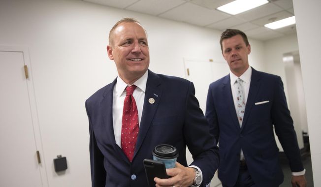 Rep. Jeff Denham, R-Calif., arrives for a closed-door GOP meeting in the basement of the Capitol as the Republican leadership tries to reach a policy agreement between conservatives and moderates on immigration, in Washington, Thursday, June 7, 2018. Denham and other moderates need just two more GOP signatures on a petition to require immigration votes, assuming all Democrats sign on. (AP Photo/J. Scott Applewhite) ** FILE **