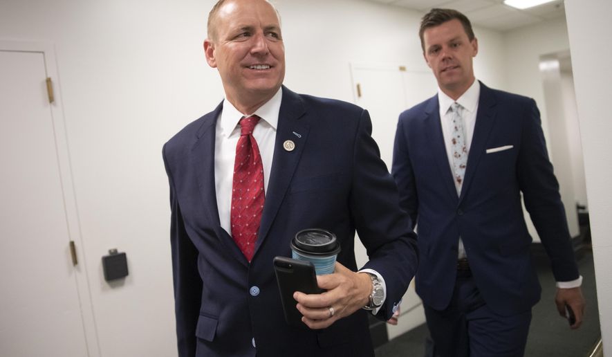 Rep. Jeff Denham, R-Calif., arrives for a closed-door GOP meeting in the basement of the Capitol as the Republican leadership tries to reach a policy agreement between conservatives and moderates on immigration, in Washington, Thursday, June 7, 2018. Denham and other moderates need just two more GOP signatures on a petition to require immigration votes, assuming all Democrats sign on. (AP Photo/J. Scott Applewhite)