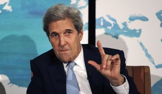 Former Secretary of State John Kerry gestures during the Boston Climate Summit in Boston, Thursday, June 7, 2018. About two dozen mayors and city leaders were attending the event, billed as a chance to explore ways to reduce greenhouse gas emissions and prepare for the challenges posed by climate change. (AP Photo/Charles Krupa) **FILE**