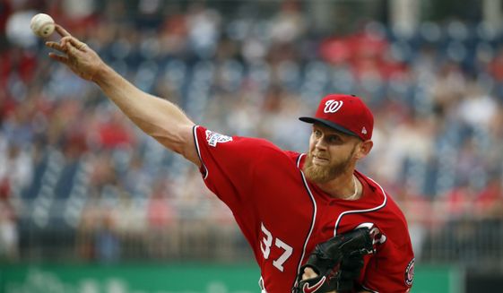 Washington Nationals starting pitcher Stephen Strasburg throws during the first inning of a baseball game against the San Francisco Giants at Nationals Park, Friday, June 8, 2018, in Washington. (AP Photo/Alex Brandon) **FILE**