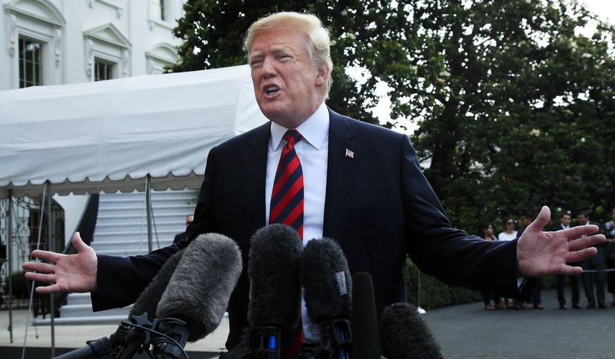 President Donald Trump speaks to reporters before leaving the White House in Washington, Friday, June 8, 2018, to attend the G7 Summit in Charlevoix, Quebec, Canada. (AP Photo/Manuel Balce Ceneta)