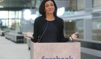 FILE - In this Jan. 17, 2017, file photo, Chief Operating Officer of Facebook, Sheryl Sandberg, delivers a speech during the visit of a start-up companies gathering at Paris&#39; Station F in Paris. Sandberg, who oversees Facebook’s business operations, is scheduled to deliver the commencement address at the Massachusetts Institute of Technology on Friday, June 8, 2018. (AP Photo/Thibault Camus, File)
