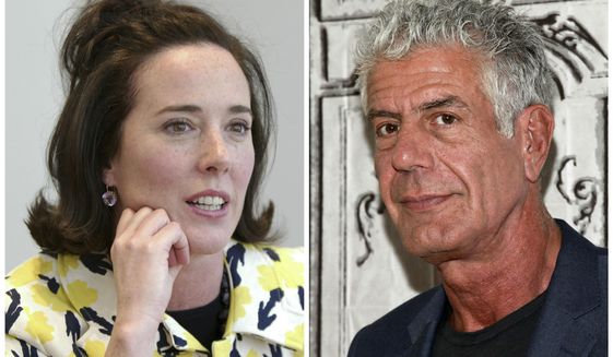 This combination of 2004 and 2016 file photos shows fashion designer Kate Spade and chef Anthony Bourdain in New York. A U.S. report released in June 2018 found an uptick in suicide rates in nearly every state since 1999. Middle-aged adults _ ages 45 to 64 _ had the largest rate increase. Bourdain was 61 and Spade was 55. (AP Photo/Bebeto Matthews, Andy Kropa/Invision)