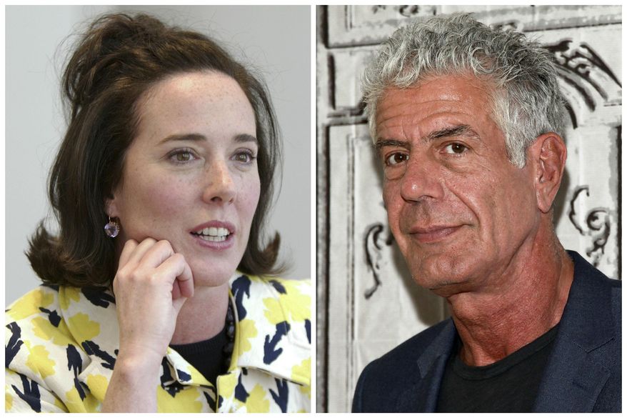This combination of 2004 and 2016 file photos shows fashion designer Kate Spade and chef Anthony Bourdain in New York. A U.S. report released in June 2018 found an uptick in suicide rates in nearly every state since 1999. Middle-aged adults _ ages 45 to 64 _ had the largest rate increase. Bourdain was 61 and Spade was 55. (AP Photo/Bebeto Matthews, Andy Kropa/Invision)