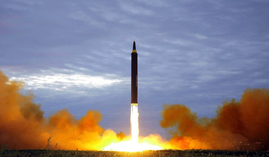 FILE - This Aug. 29, 2017 file photo distributed on Aug. 30, 2017, by the North Korean government shows what was said to be the test launch of a Hwasong-12 intermediate-range missile in Pyongyang, North Korea. (Korean Central News Agency/Korea News Service via AP, File)