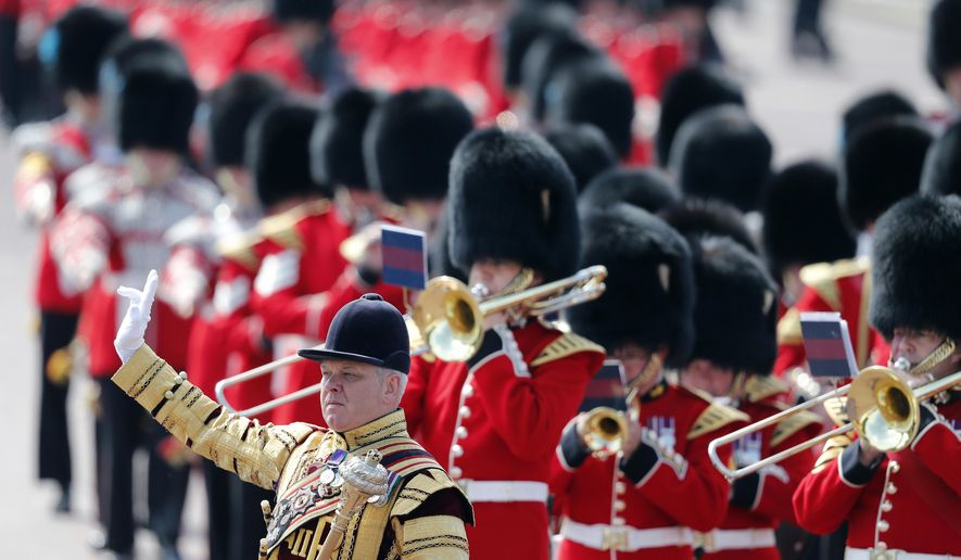 Soldiers march for the annual Trooping the Colour Ceremony in London, Saturday, June 9, 2018.(AP Photo/Frank Augstein)