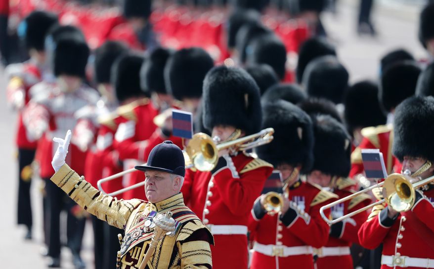 Soldiers march for the annual Trooping the Colour Ceremony in London, Saturday, June 9, 2018.(AP Photo/Frank Augstein)