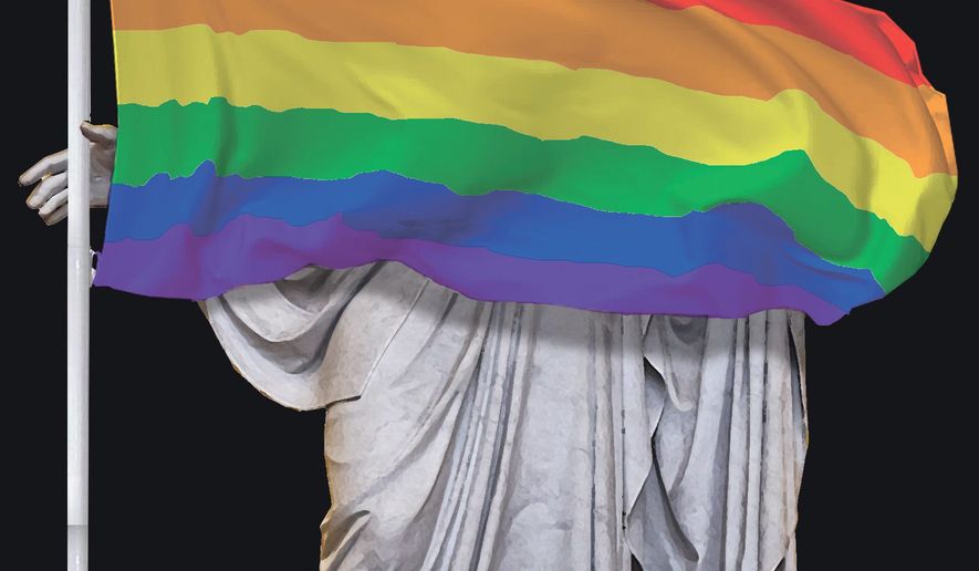 Illustration on &quot;gay Christianity&quot; by Alexander Hunter/The Washington Times