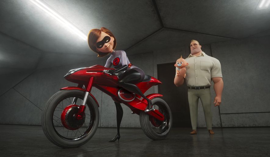 This image released by Disney Pixar shows the character Helen/Elastigirl, voiced by Holly Hunter, left, and Bob/Mr. Incredible, voiced by Craig T. Nelson in "Incredibles 2," in theaters on June 15. (Disney/Pixar via AP)