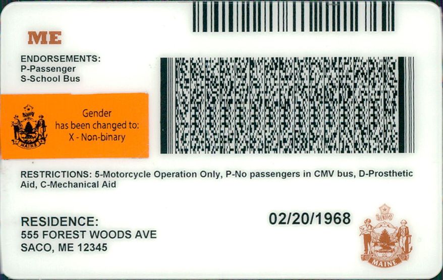 In this photo released by the Maine Bureau of Motor Vehicles, shows the option of a gender-neutral designation on a driver's license. The agency announced the new policy on Monday, June 11, 2018. A sticker will be placed on licenses and IDs for the time-being before cards are upgraded next year. (Maine Bureau of Motor Vehicles via AP)