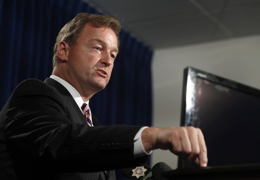 FILE - In this Oct. 4, 2017, file photo, Sen. Dean Heller, R-Nev, speaks during a media briefing at Metro Police headquarters in Las Vegas. Heller is considered the vulnerable Republican senator seeking re-election, but he has an easy primary battle Tuesday, June 12, 2018, thanks to President Donald Trump. (Steve Marcus/Las Vegas Sun via AP, File)