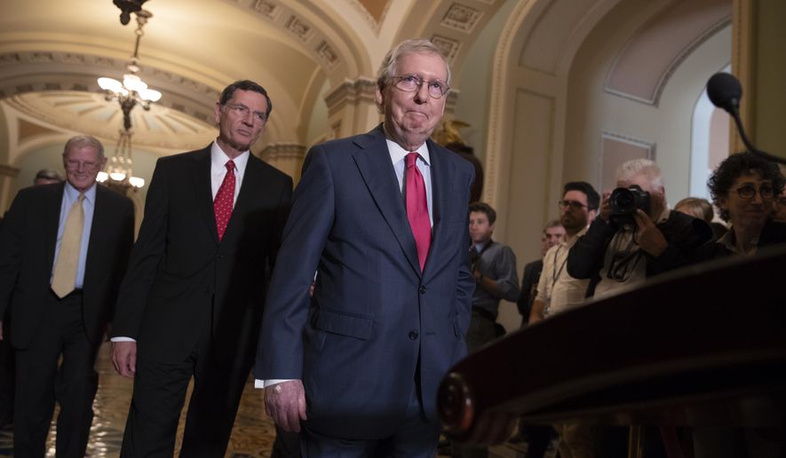 Senate Majority Leader Mitch McConnell, R-Ky., joined by Sen. James Inhofe, R-Okla., a member of the Senate Armed Services Committee, far left, and Sen. John Barrasso, R-Wyo., second from left, arrives for a news conference on Capitol Hill in Washington, Tuesday, June 12, 2018. Republican and Democratic leaders aren't quite celebrating President Donald Trump's historic meeting Tuesday with North Korea's Kim Jong Un, saying the initial agreement they struck won't mean much unless the North completely denuclearizes. (AP Photo/J. Scott Applewhite)