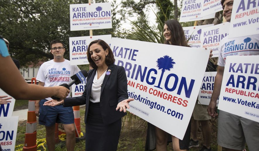 South Carolina Rep.Katie Arrington, who is running for the first district of South Carolina, campaigns after voting for herself in the primary election on Tuesday, June 12, 2018 at Bethany United Methodist Church in Summerville. (Kathryn Ziesig/The Post And Courier via AP)