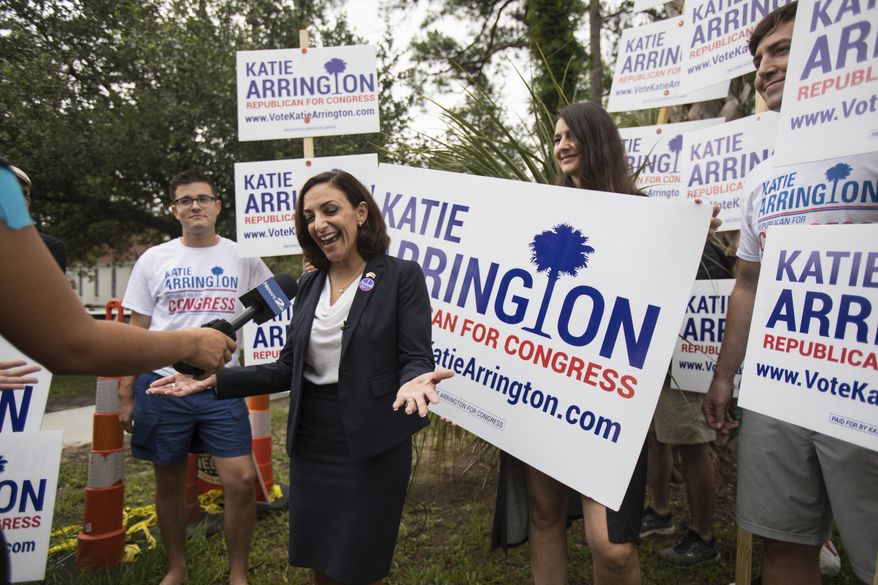South Carolina Rep.Katie Arrington, who is running for the first district of South Carolina, campaigns after voting for herself in the primary election on Tuesday, June 12, 2018 at Bethany United Methodist Church in Summerville. (Kathryn Ziesig/The Post And Courier via AP)