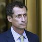 Former New York Congressman Anthony Weiner pled guilty to a sexting charge of transferring obscene material to a minor, and was sentenced to 21 months in prison, ordered to pay a $10,000 fine and was required to permanently register as a sex offender. In this Sept. 25, 2017 file photo, former Congressman Anthony Weiner leaves federal court following his sentencing in New York. Weiner is set to report to the Federal Medical Center, Devens, Mass., Monday, Nov. 6, 2017, to serve his prison sentence in a sexting case that rocked the presidential race. (AP Photo/Mark Lennihan, File)