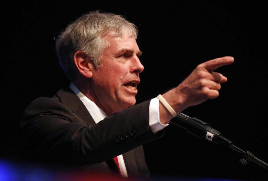 In this May 5, 2018 file photo, gubernatorial candidate Shawn Moody speaks at the Republican Convention in Augusta, Maine. Mainers go to the ballot box, Tuesday, June 12, 2018, to rank candidates for the first time. It's the biggest test yet of ranked-choice voting. (AP Photo/Robert F. Bukaty, File)