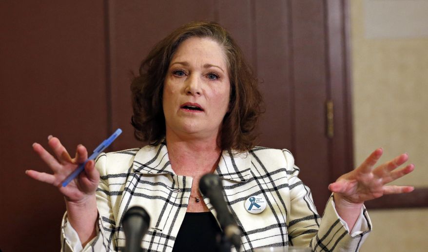 FILE - In this April 5, 2018 file photo McKenna Denson speaks with reporters during a news conference in Salt Lake City. Denson, a woman who says a former Mormon missionary leader raped her in the 1980s is accusing church officials of knowing about the man's prior sexual misconduct before he was appointed. Denson's attorneys allege in a court document filed Tuesday, June 13, 2018, that Joseph L. Bishop disclosed to church leaders his "acts of sexual predation" while he was a mission president in Argentina in the late 1970s. (AP Photo/Rick Bowmer, File)