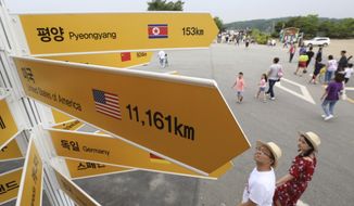 Destination signs to North Korea&#x27;s capital Pyongyang, top, and the United States, center, are seen at the Imjingak Pavilion in Paju near the border village of Panmunjom, South Korea, Wednesday, June 13, 2018. While South Koreans cheered with hope and China saw an opening to discuss lifting sanctions on North Korea, some countries in Europe and the Mideast cautioned Tuesday that it was premature to judge U.S. President Donald Trump and North Korean leader Kim Jong Un&#x27;s summit a success. (AP Photo/Ahn Young-joon)