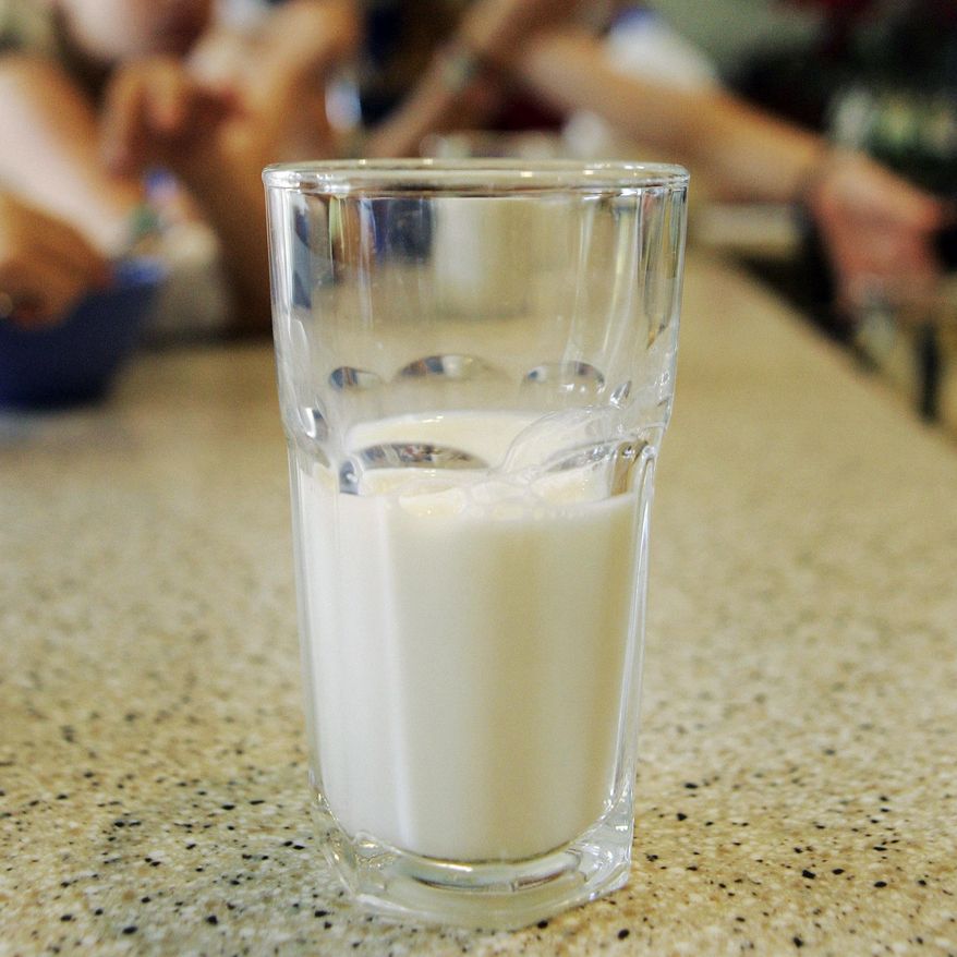 FILE - This June 8, 2007 file photo shows a glass of milk on a table during a family breakfast in Montgomery, Ala. Nearly 20 years ago, about nearly half of high school students said they drank at least one glass of milk a day. But now it’s down to less than a third, according to a survey released by the Centers for Disease Control and Prevention on Thursday, June 14, 2018. (AP Photo/Rob Carr)