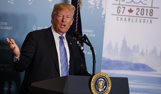 In this June 9, 2018, file photo, President Donald Trump speaks during a news conference at the G-7 summit in La Malbaie, Quebec, Canada. (AP Photo/Evan Vucci, File)