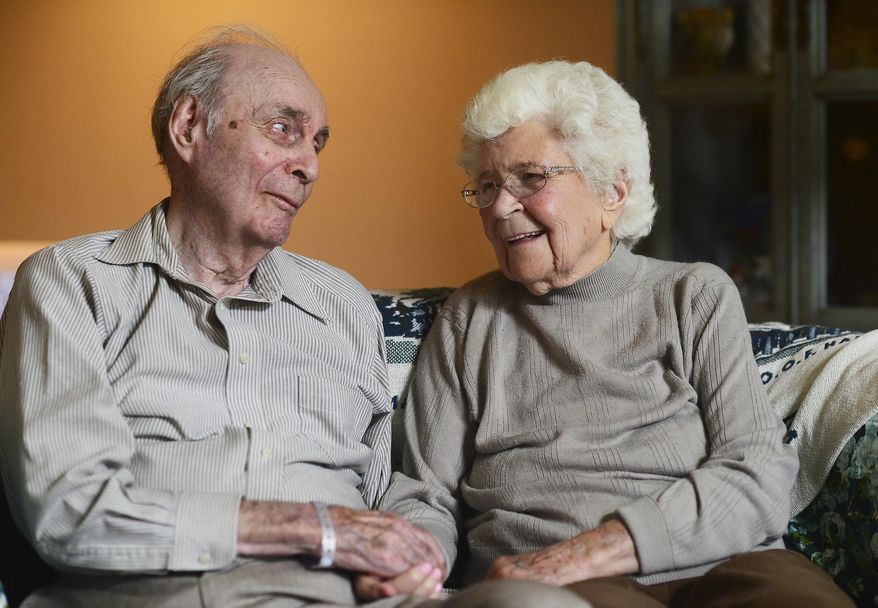 In a June 5, 2018 photo, Ralph and Mary Veon of Chippewa Township bear witness that true love endures. On June 15, they'll celebrate their 78th wedding anniversary. And both will reach another milestone in a few months; turning 100. (Lucy Schaly/Beaver County Times via AP)/Beaver County Times via AP)
