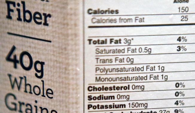 In this Thursday, June 14, 2018, file photo, a box of oatmeal shows part of the dietary description in Zelienople, Pa.  (AP Photo/Keith Srakocic) **FILE**