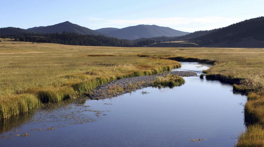 FILE - In this Sept. 3, 2010, file photo, the East Fork of the Jemez River cuts through Valles Caldera National Preserve, in N.M. Underground pockets of boiling water and steam that could have been tapped to produce electricity are now off limits as the Santa Fe National Forest that borders Valles Caldera National Preserve in northern New Mexico has said no to the prospect of geothermal development.(AP Photo/Susan Montoya Bryan, File)