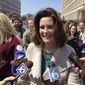 FILE - In this April 12, 2018, file photo, Michigan Democratic gubernatorial candidate Gretchen Whitmer speaks with reporters outside the state elections bureau in Lansing, Mich. Whitmer faces Shri Thanedar and Abdul El-Sayed in the Aug. 7, 2018 primary. (AP Photo/David Eggert, File)