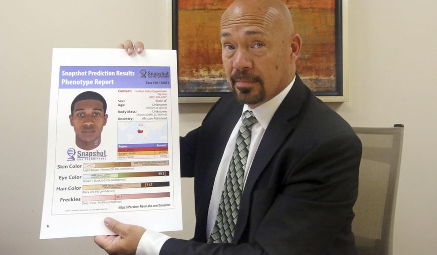 Private investigator Jason Jensen holds a phenotype report at his office Friday, June 15, 2018, in Salt Lake City. Groups of private investigators in Utah and California have been emboldened by the arrest of the suspected Golden State Killer and are spearheading a push to replicate authorities' use of DNA evidence in that case by urging amateur genealogists to contribute genetic information to a public DNA database, despite concerns about privacy. (AP Photo/Rick Bowmer)