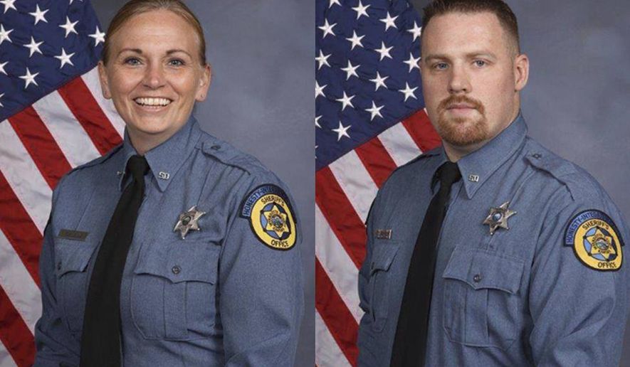 This undated photo combo provided by Kansas City, Kansas police department shows from left, Deputy Theresa King and DeputyPatrick Rohrer. Kansas City police confirmed that Rohrer and King died from injuries suffered when an inmate who was being transported in Kansas City overpowered the two officers and shot them on Friday, June 15, 2018. The inmate was also shot during the confrontation, his condition was not known. Investigators said the inmate may have grabbed a weapon from one of the deputies during a struggle after he got out of a van late Friday morning. (Kansas City Kansas police department via AP)