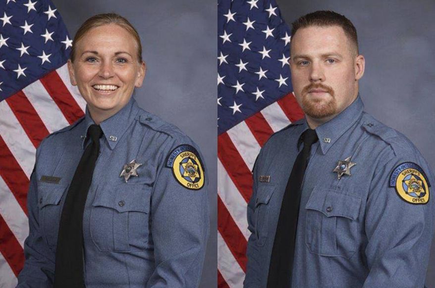 This undated photo combo provided by Kansas City, Kansas police department shows from left, Deputy Theresa King and DeputyPatrick Rohrer. Kansas City police confirmed that Rohrer and King died from injuries suffered when an inmate who was being transported in Kansas City overpowered the two officers and shot them on Friday, June 15, 2018. The inmate was also shot during the confrontation, his condition was not known. Investigators said the inmate may have grabbed a weapon from one of the deputies during a struggle after he got out of a van late Friday morning. (Kansas City Kansas police department via AP)