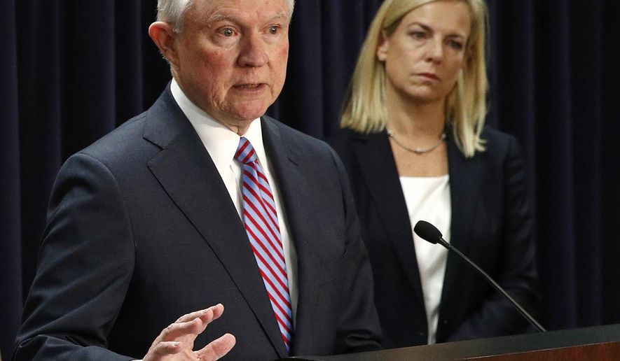 FILE - In this Tuesday, Dec. 12, 2017, file photo, U.S. Attorney General Jeff Sessions, left, speaks alongside Secretary of Homeland Security Kirstjen Nielsen during a news conference in Baltimore. Sessions and Nielsen are among the speakers slated to address a gathering of the nation’s sheriffs in New Orleans. The opening session of the National Sheriff’s Association annual conference begins Monday, June 18, 2018. (AP Photo/Patrick Semansky, File)