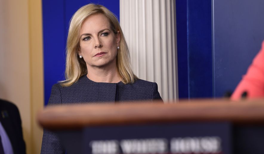 Department of Homeland Security Secretary Kirstjen Nielsen waits to speak during the daily briefing at the White House in Washington, Monday, June 18, 2018. (AP Photo/Susan Walsh)