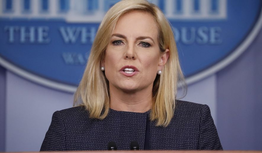 Homeland Security Secretary Kirstjen Nielsen speak to the media during the daily briefing in the Brady Press Briefing Room of the White House, Monday, June 18, 2018. (AP Photo/Pablo Martinez Monsivais)