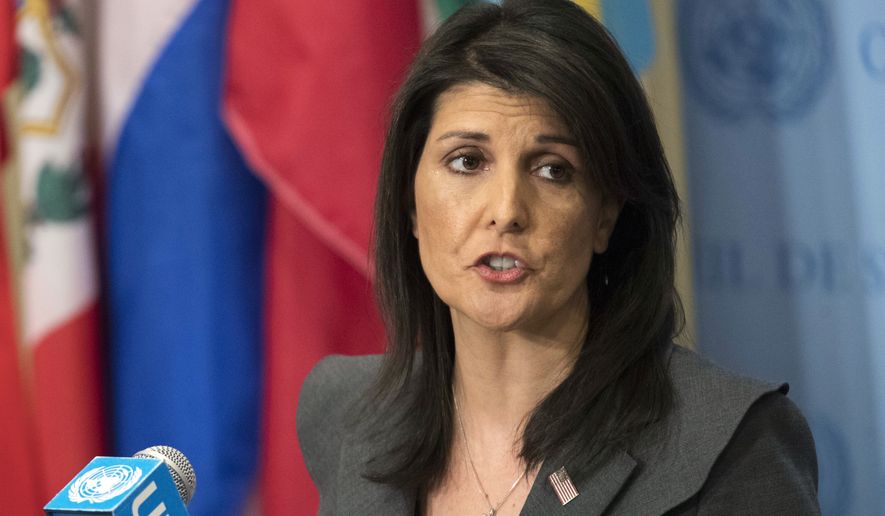 FILE - In this Jan. 2, 2018, file photo, United States Ambassador to the United Nations Nikki Haley speaks to reporters at United Nations headquarters. Haley says the U.S. is withdrawing from UN Human Rights Council, calling it &#x27;not worthy of its name.&#x27; (AP Photo/Mary Altaffer, File)