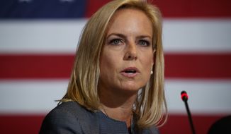 Secretary of Homeland Security Kirstjen Nielsen speaks during a roundtable on immigration policy with President Donald Trump at Morrelly Homeland Security Center, Wednesday, May 23, 2018, in Bethpage, N.Y. (AP Photo/Evan Vucci)