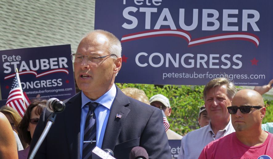 In this Monday, July 10, 2017, file photo, St. Louis County Commissioner and Duluth Police Lt. Pete Stauber announces that he will seek the Republican endorsement in the race to represent Minnesota&#39;s 8th Congressional District in 2018 at an event in Hermantown, Minn. (Dan Kraker/Minnesota Public Radio via AP, File)