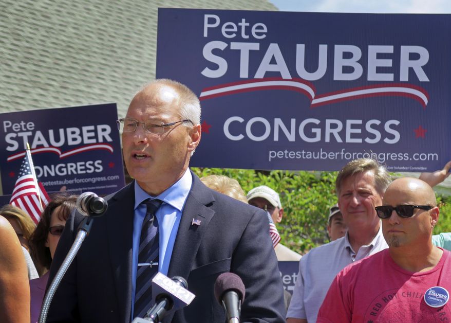 In this Monday, July 10, 2017, file photo, St. Louis County Commissioner and Duluth Police Lt. Pete Stauber announces that he will seek the Republican endorsement in the race to represent Minnesota&#x27;s 8th Congressional District in 2018 at an event in Hermantown, Minn. (Dan Kraker/Minnesota Public Radio via AP, File)