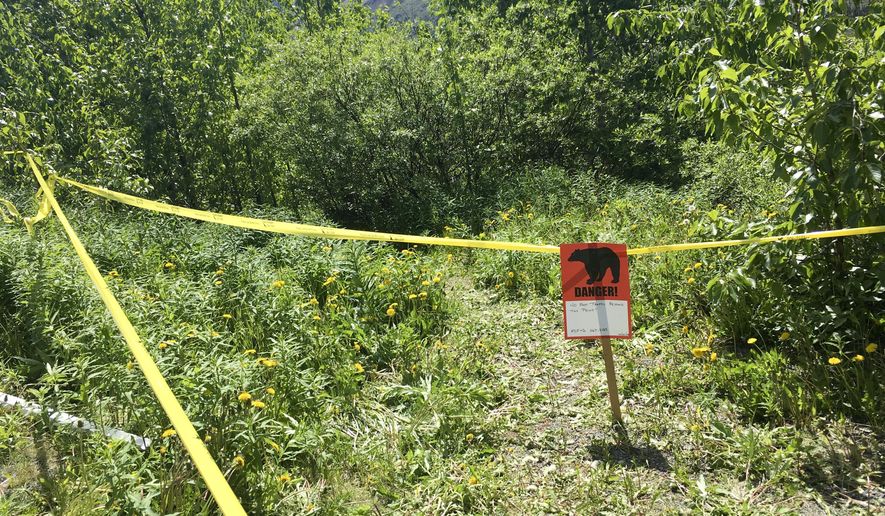 A bear sign and police tape mark a site near a bear attack near Eagle River, Alaska, Wednesday, June 20, 2018. A missing hiker was found dead Wednesday near the site where a member of his search party was mauled by a bear outside of Alaska&#x27;s largest city. Anchorage police said the same brown bear appears to be responsible for attacks on the missing man, Michael Soltis, and the volunteer searcher, whose name was not released. (AP Photo/Mark Thiessen)