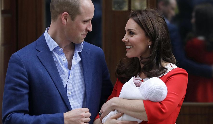 FILE - In this Monday, April 23, 2018 file photo, Britain's Prince William and Kate, Duchess of Cambridge pose for a photo with their newborn baby son as they leave the Lindo wing at St Mary's Hospital in London. Kensington Palace said Wednesday June 20, 2018, Prince Louis will be christened on July 9 by Archbishop of Canterbury Justin Welby. The third son of Prince William and his wife Kate, Duchess of Cambridge was born April 23 and is fifth in line to the throne. (AP Photo/Kirsty Wigglesworth, file)