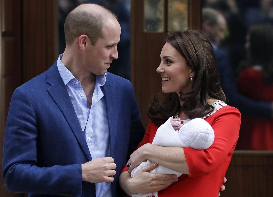 FILE - In this Monday, April 23, 2018 file photo, Britain's Prince William and Kate, Duchess of Cambridge pose for a photo with their newborn baby son as they leave the Lindo wing at St Mary's Hospital in London. Kensington Palace said Wednesday June 20, 2018, Prince Louis will be christened on July 9 by Archbishop of Canterbury Justin Welby. The third son of Prince William and his wife Kate, Duchess of Cambridge was born April 23 and is fifth in line to the throne. (AP Photo/Kirsty Wigglesworth, file)