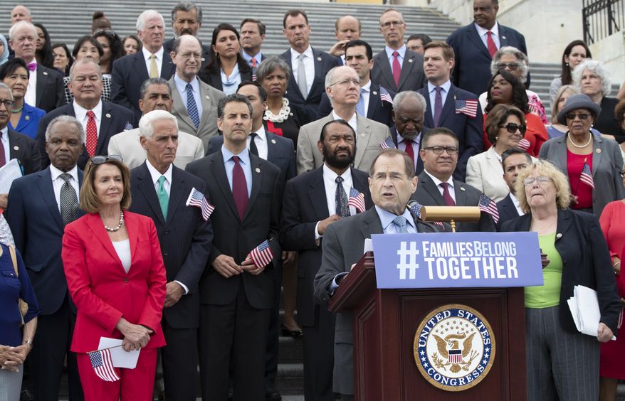 Rep. Jerrold Nadler, D-N.Y., the ranking member of the House Judiciary Committee, speaks as he is joined by House Democratic Leader Nancy Pelosi of California, left, and other House Democrats calling for passage of the Keep Families Together Act, legislation to end the Trump Administration&#x27;s policy of separating families at the US-Mexico border, at the Capitol in Washington, Wednesday, June 20, 2018. It is the House companion to the legislation already introduced by Senate Judiciary Committee Ranking Member Dianne Feinstein, D-Calif. (AP Photo/J. Scott Applewhite)