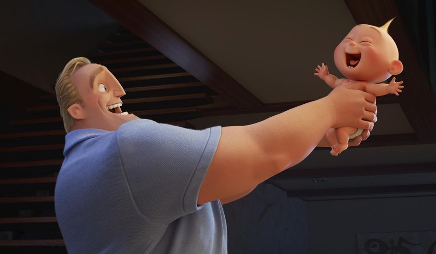 This image released by Disney Pixar shows characters Bob/Mr. Incredible, voiced by Craig T. Nelson, left, and Jack Jack in "Incredibles 2." (Disney/Pixar via AP)