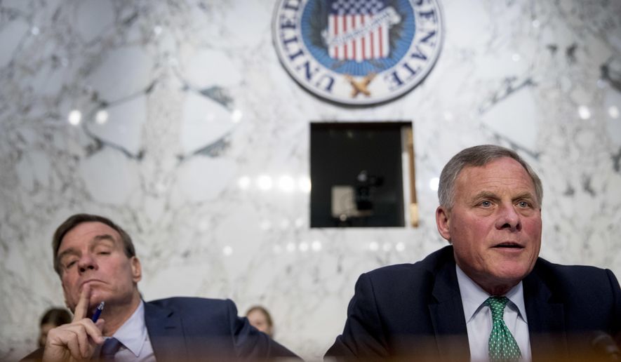 Senate Intelligence Chairman Richard Burr, R-N.C., right, accompanied by Committee Vice Chairman Mark Warner, D-Va., left, speaks during a Senate Intelligence Committee hearing on &#x27;Policy Response to Russian Interference in the 2016 U.S. Elections&#x27; on Capitol Hill on Wednesday, June 20, 2018. (AP Photo/Andrew Harnik) **FILE**
